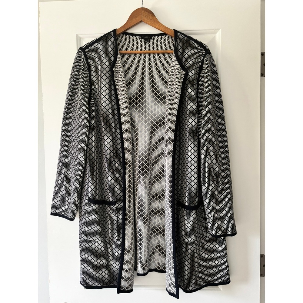 Talbots Cardigan Womens XLp Navy Blue Geometric Open Front Knit Sweater Pockets